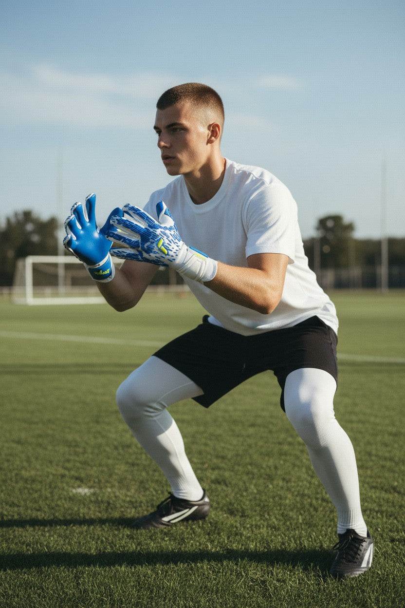 Goalkeeper wearing Reusch Pure Contact Freegel Duo Goalkeeper Gloves practicing on soccer field