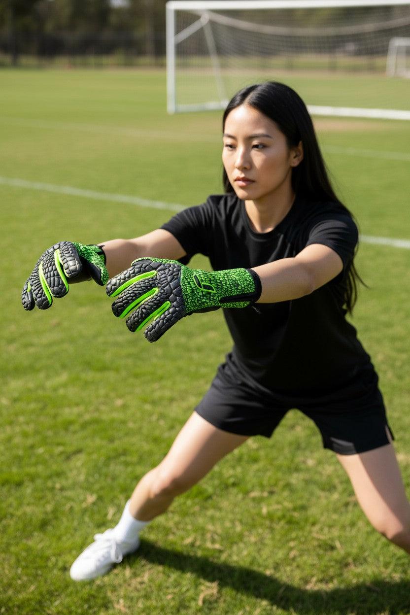 Goalkeeper wearing green and black Reusch Venomous Gold gloves preparing to catch ball on soccer field