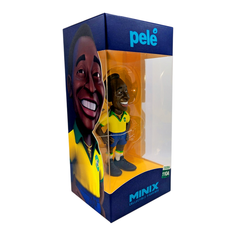 Minix Pele collectible football figurine showcasing five iconic looks including Brazil National Team and O-Rei Edition