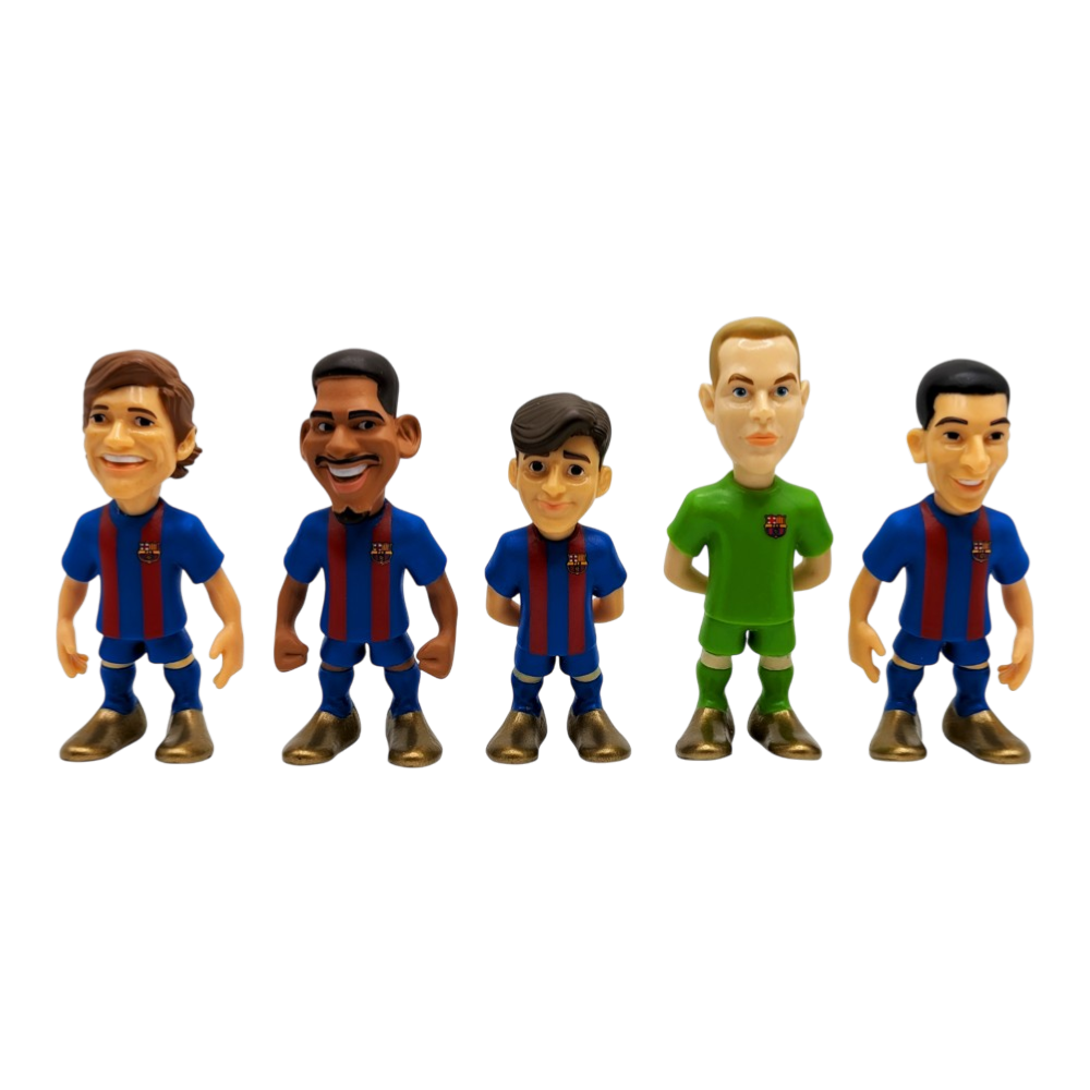 Minix Barcelona 5-pack official licensed 7cm football figurines featuring Lewandowski, Gavi, Pedri, and Ter Stegen collectible set