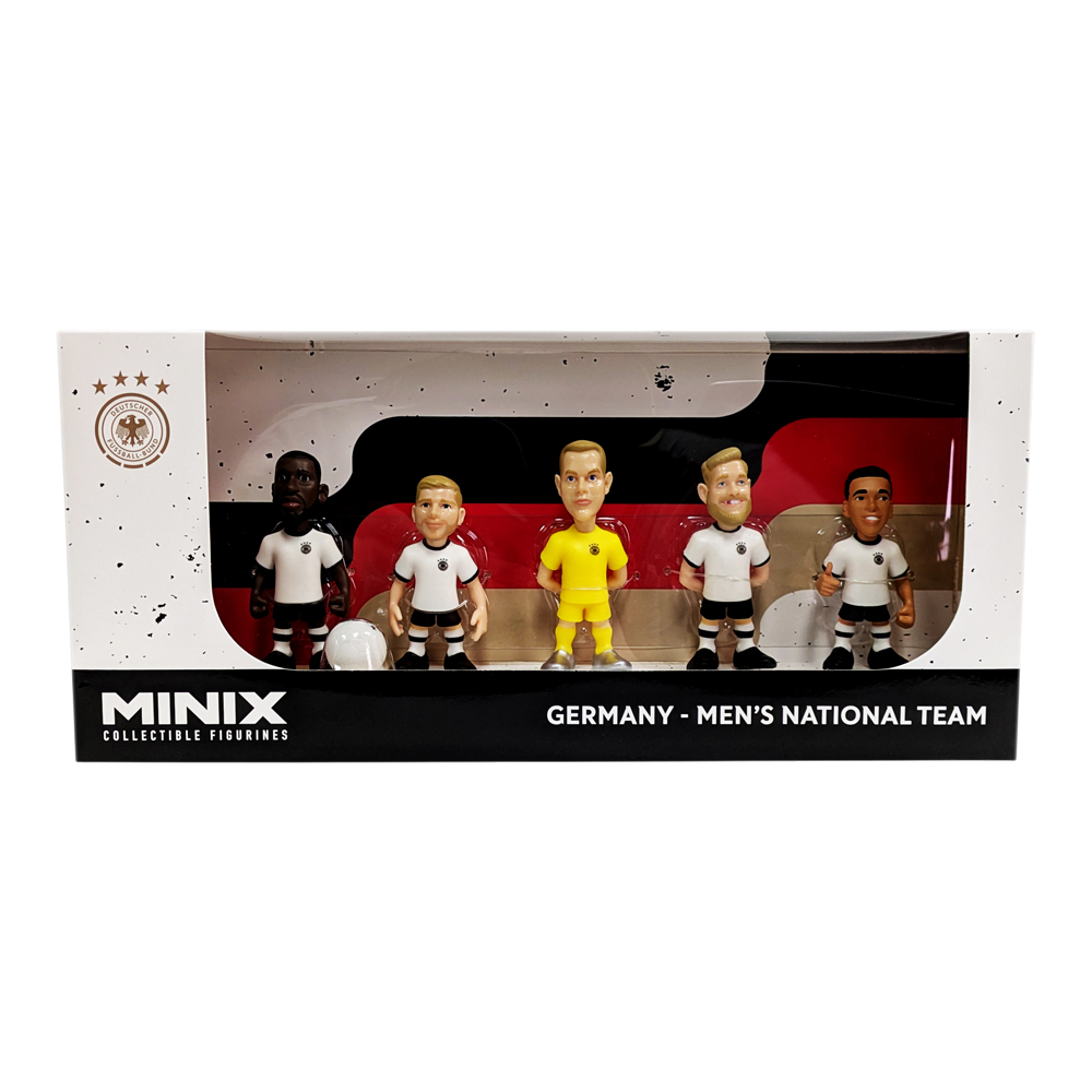 Minix Germany National Team 5-pack collectible figurines including Ter Stegen, Gündoğan, Rüdiger, Füllkrug, and Musiala in official packaging