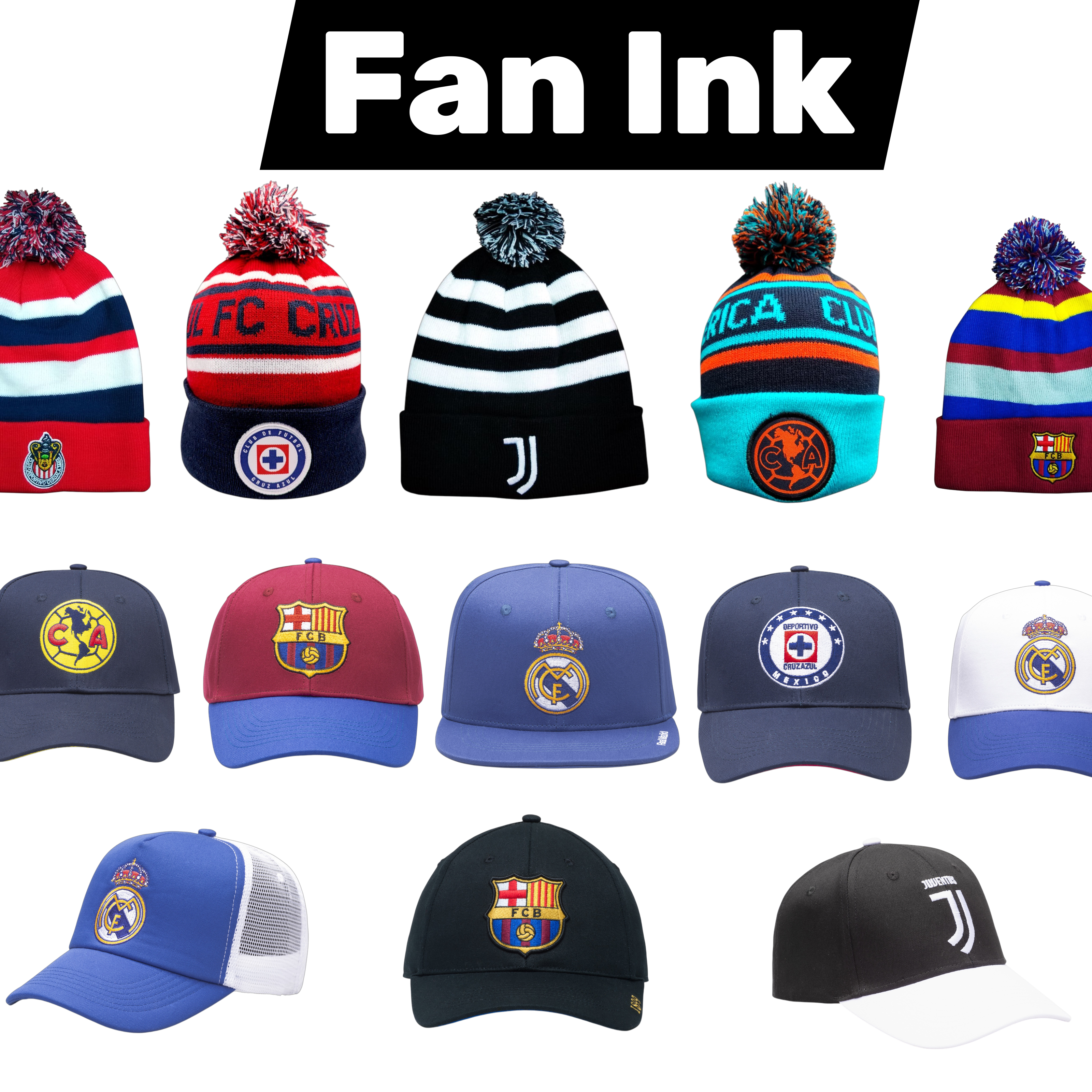 Collection of beanies and caps with various logos, featuring the brand 'Fan Ink'.