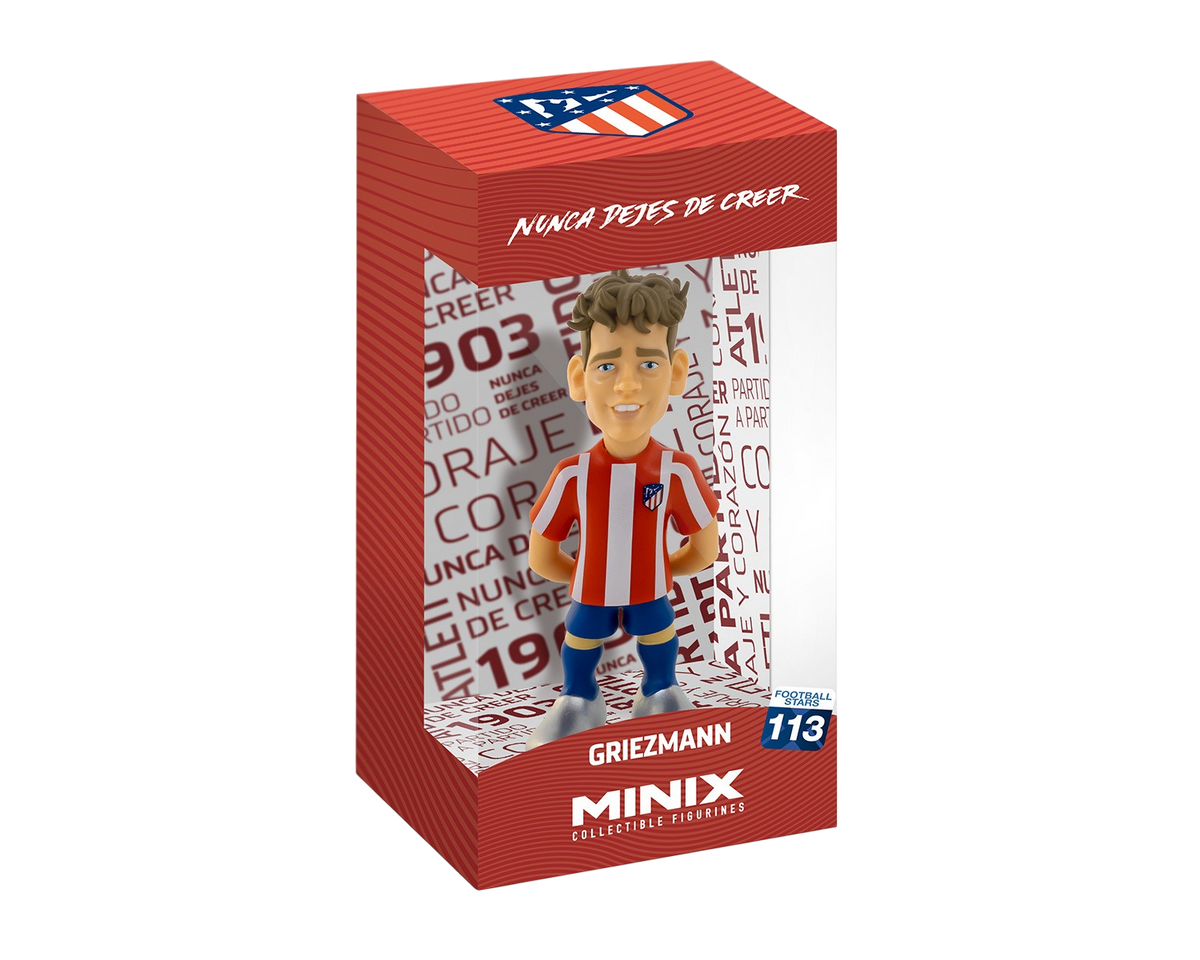 Minix Antoine Griezmann collectible figurine in a red-and-white striped Atlético Madrid kit, displayed in branded red box packaging.