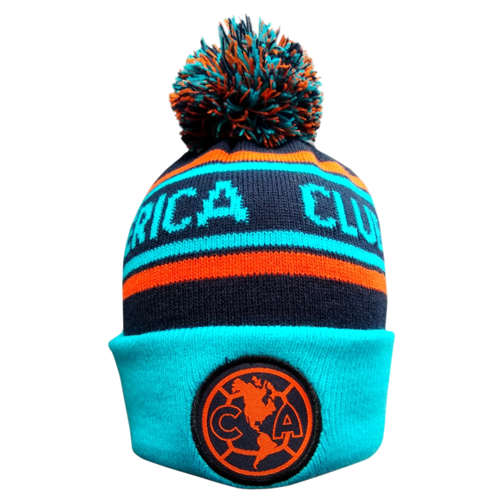 Unisex Football Beanie with Club América logo in blue and orange, knit winter hat with pom-pom for soccer fans