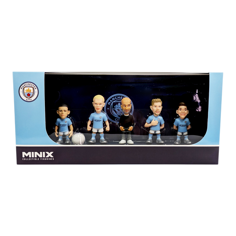 Minix Manchester City 5-Pack football figurines featuring Haaland, De Bruyne, Foden, Guardiola, and Álvarez in authentic kits, 7cm tall collectibles for fans and kids.