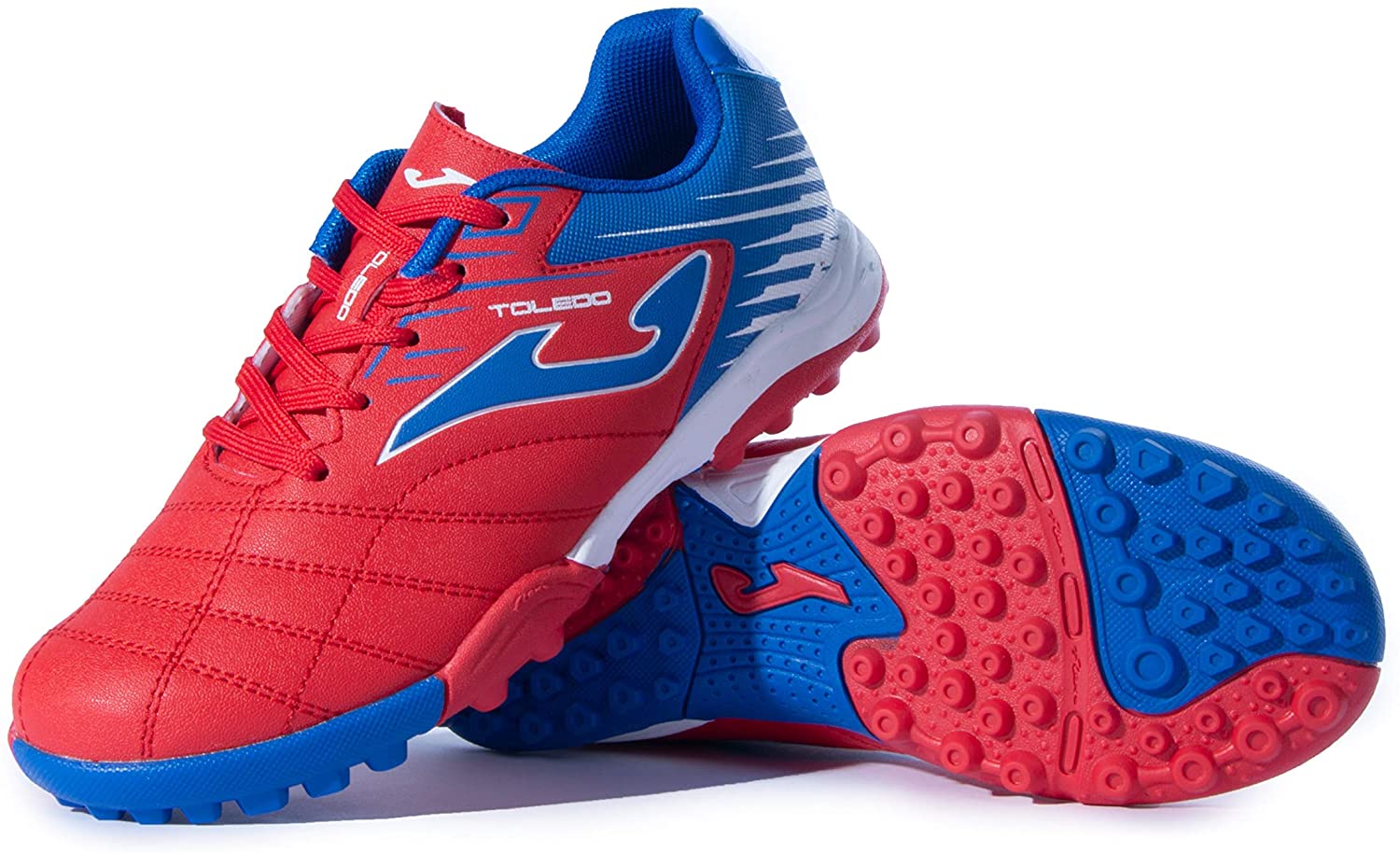 Joma Toledo Junior Turf Soccer Shoes, red and blue, synthetic upper, rubber outsole.