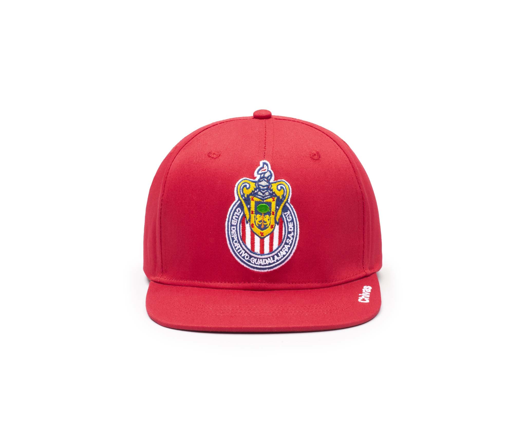 Red snapback hat with official sports team logo and flat bill by Fan Ink