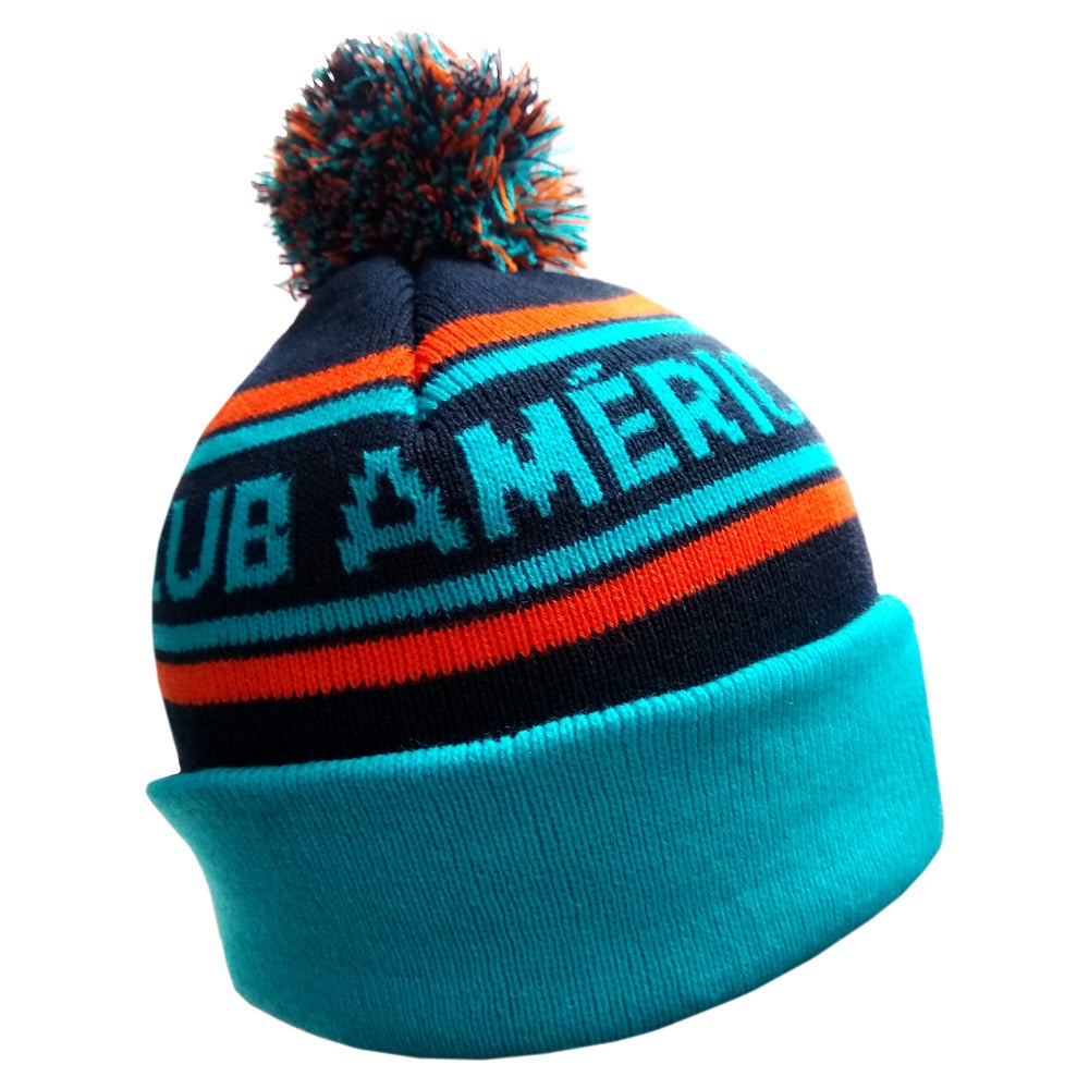 Blue and orange Club America football beanie with pom-pom and cuffed design