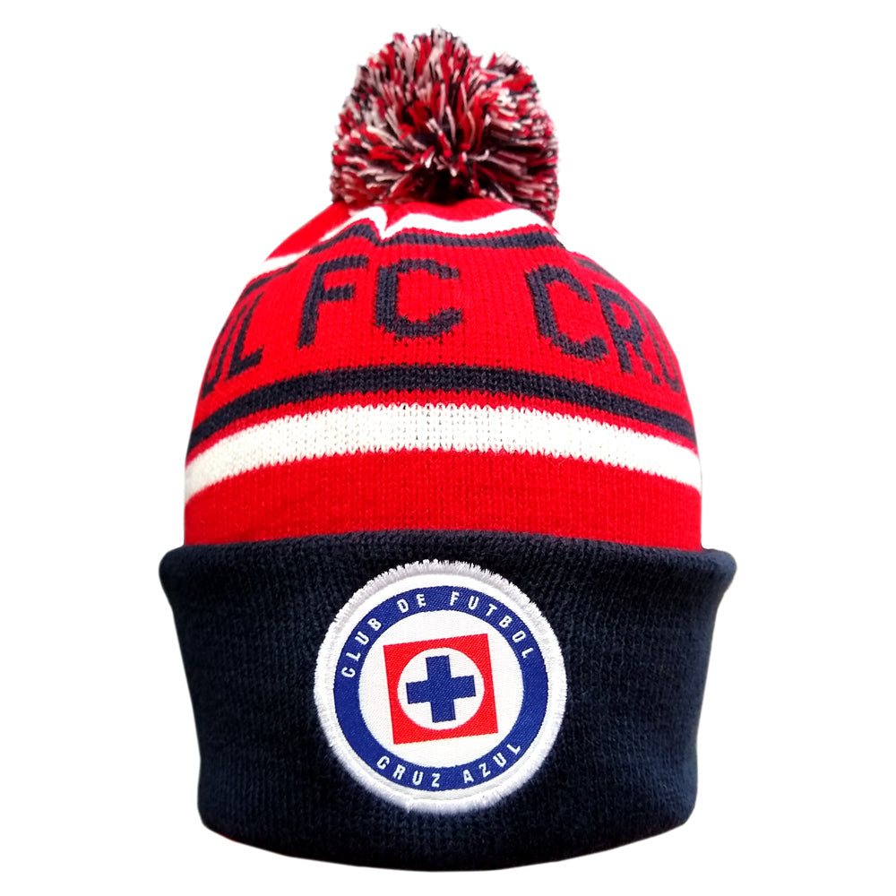 Red and navy Cruz Azul football beanie with pom-pom and embroidered team logo for winter warmth and fan spirit