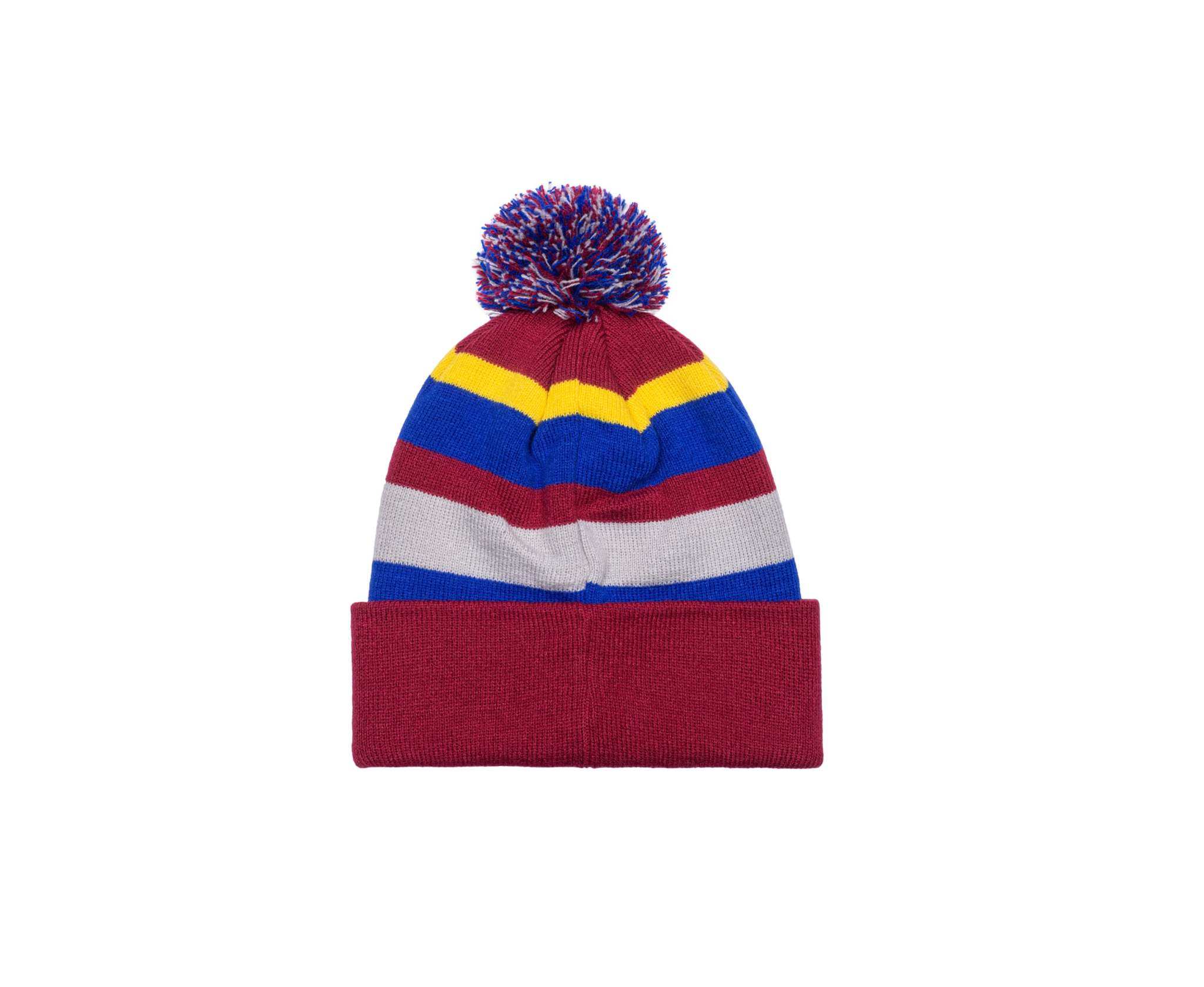 Colorful football beanie with pom-pom and striped knit design for fans