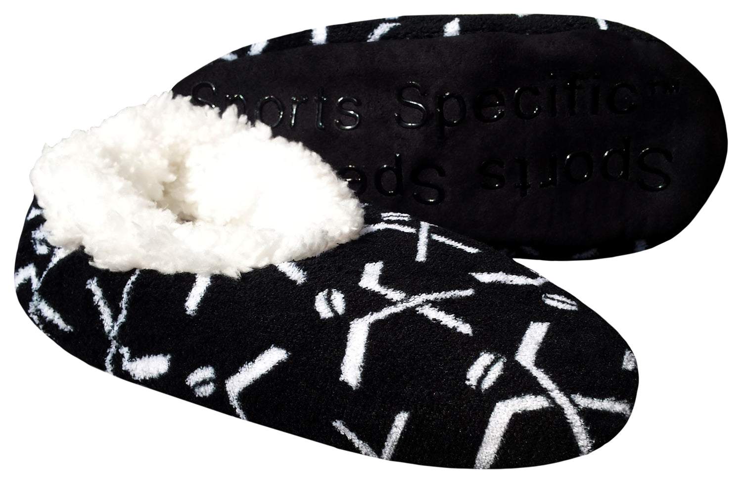 Hockey-themed slippers with plush lining and non-slip sole for cozy comfort.