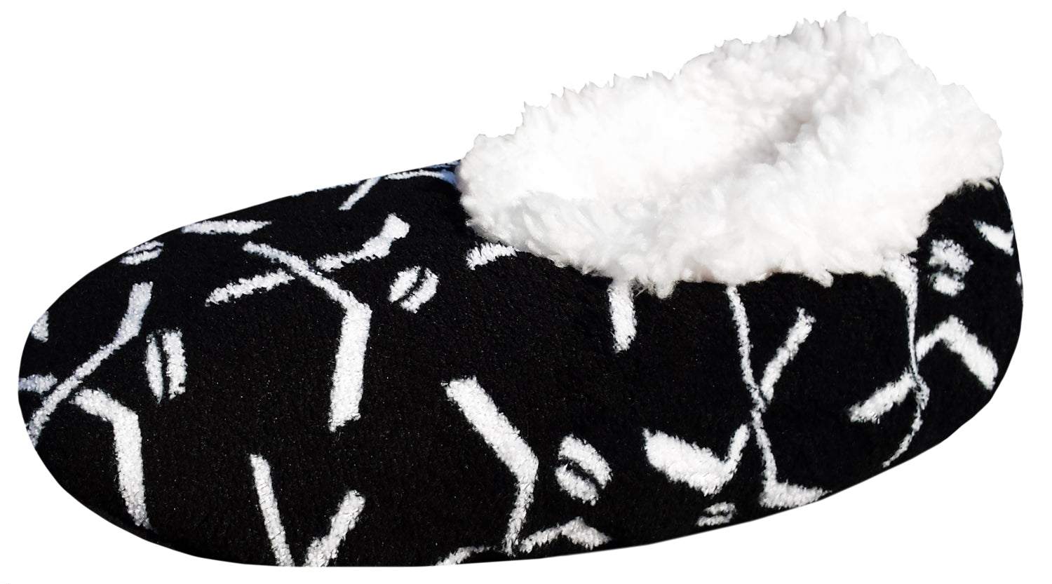 Cozy Snoozies hockey slippers with plush lining and hockey-themed pattern.