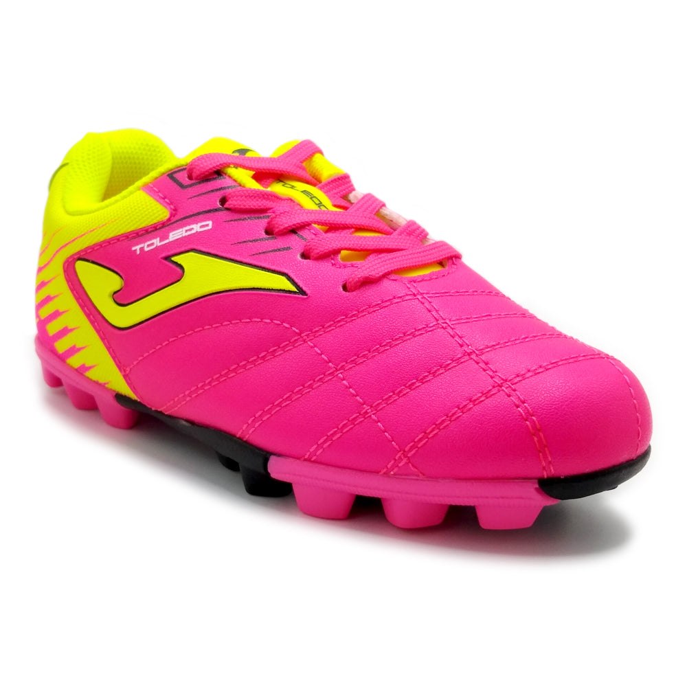 Joma Toledo Junior Molded 24 Soccer Shoes in pink and yellow design with rubber outsole.