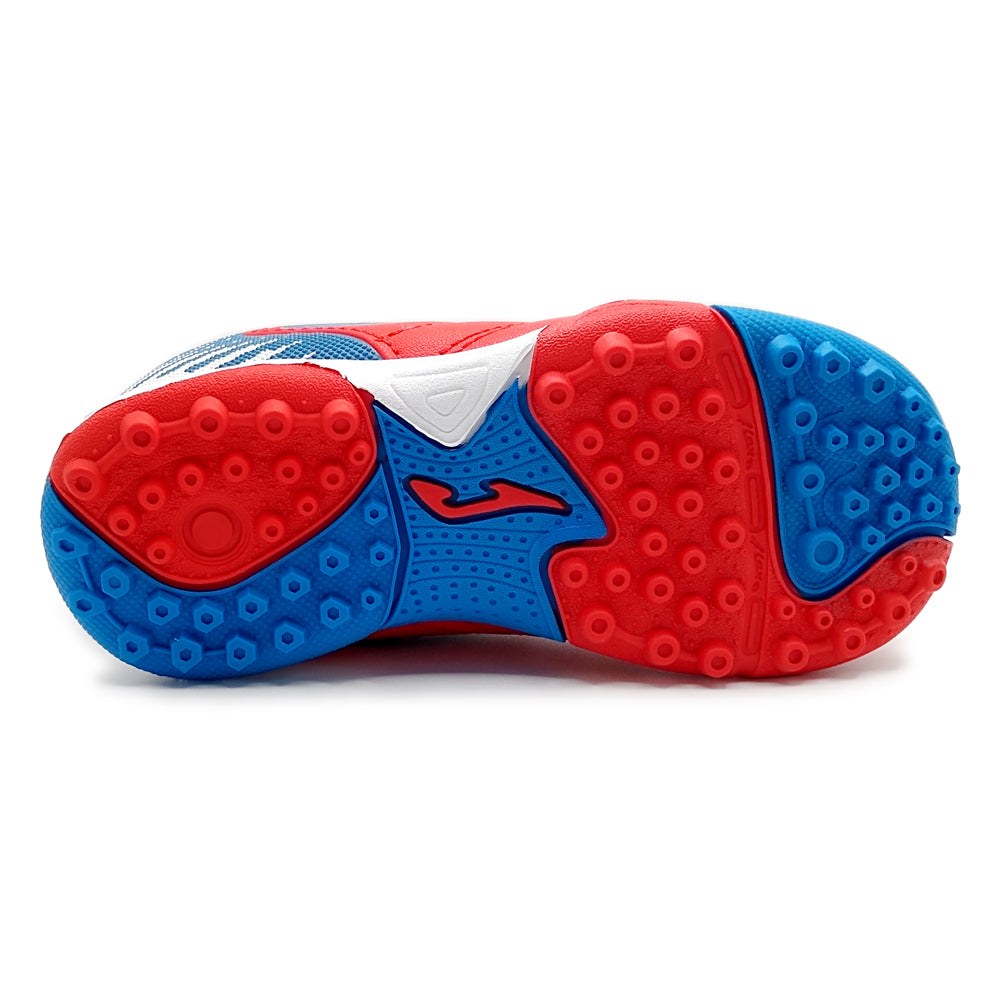 Joma Toledo Junior Kids Turf Soccer Shoes with durable outsole in red and blue for superior traction.