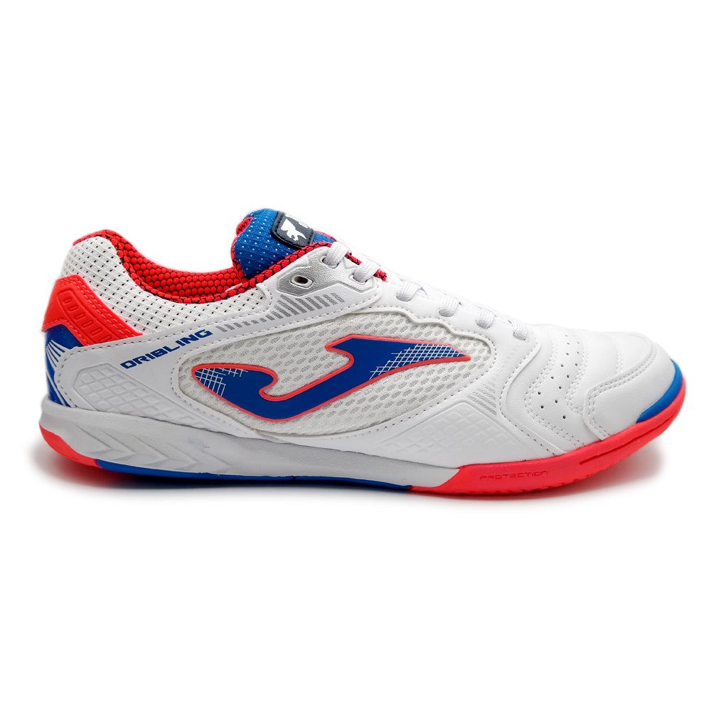 Joma Dribling Indoor Soccer Shoes in white, red, and blue with sleek, lightweight design for indoor performance.