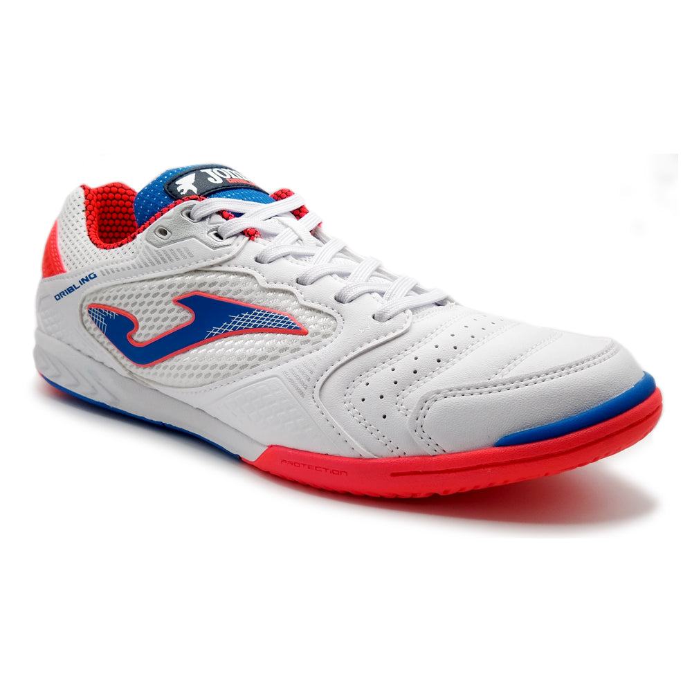 Joma Dribling Indoor Soccer Shoes in white with red and blue accents, designed for agility and performance on indoor surfaces.
