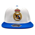 White and blue fitted hat with an embroidered sports team logo, showcasing vibrant colors and premium design.