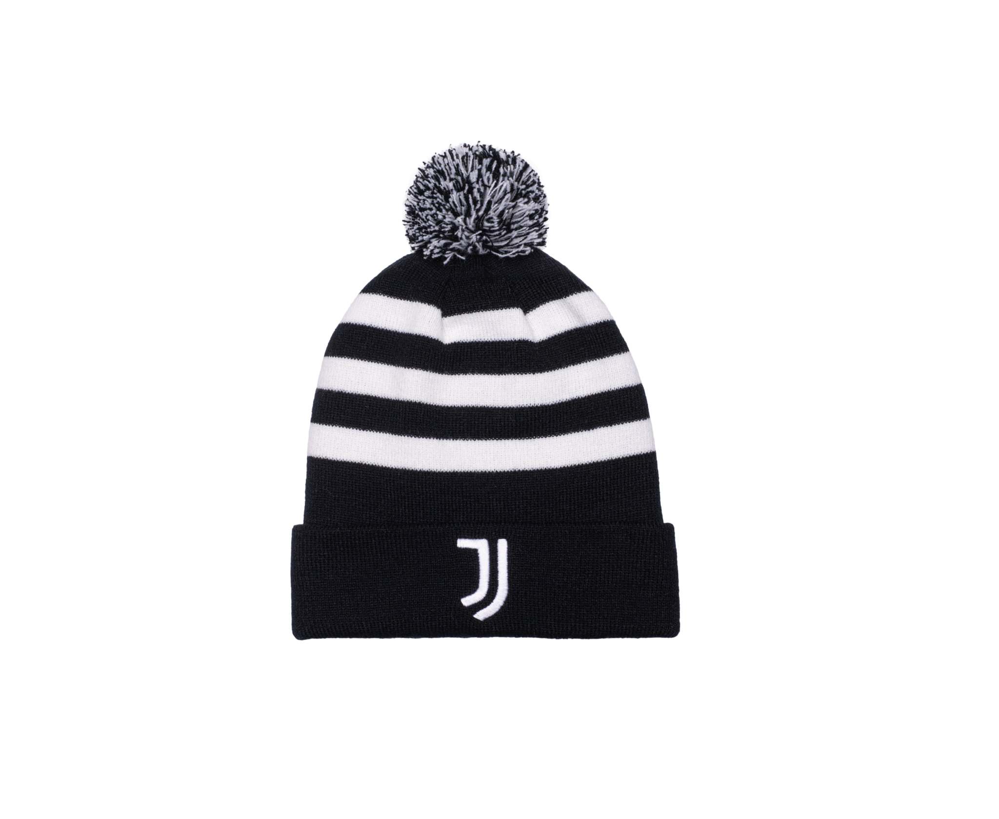 Black and white striped football beanie with Juventus logo and pom-pom by Fan Ink
