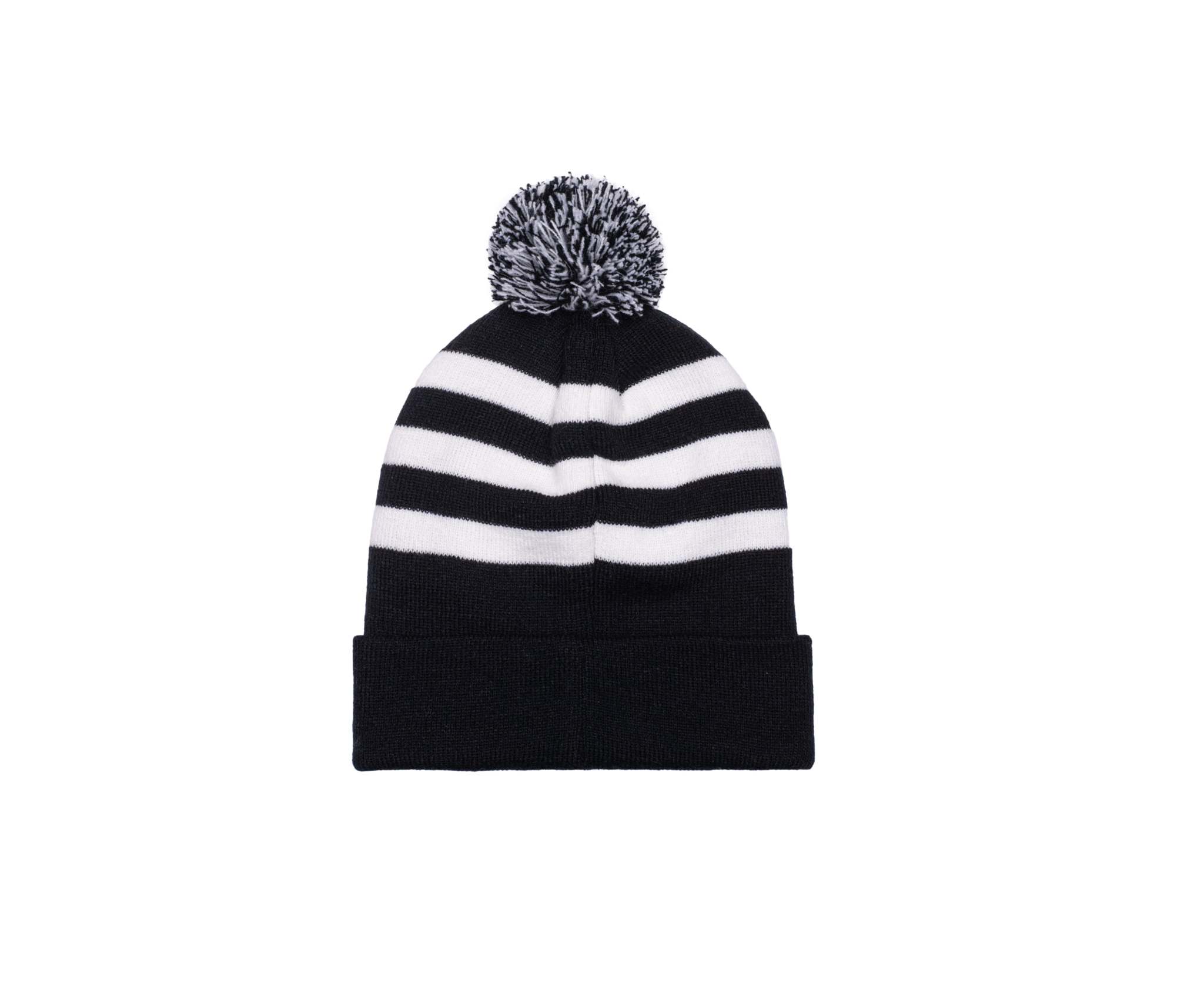 Black and white striped football beanie with pom-pom and fold-over cuff, licensed knit cap by Fan Ink