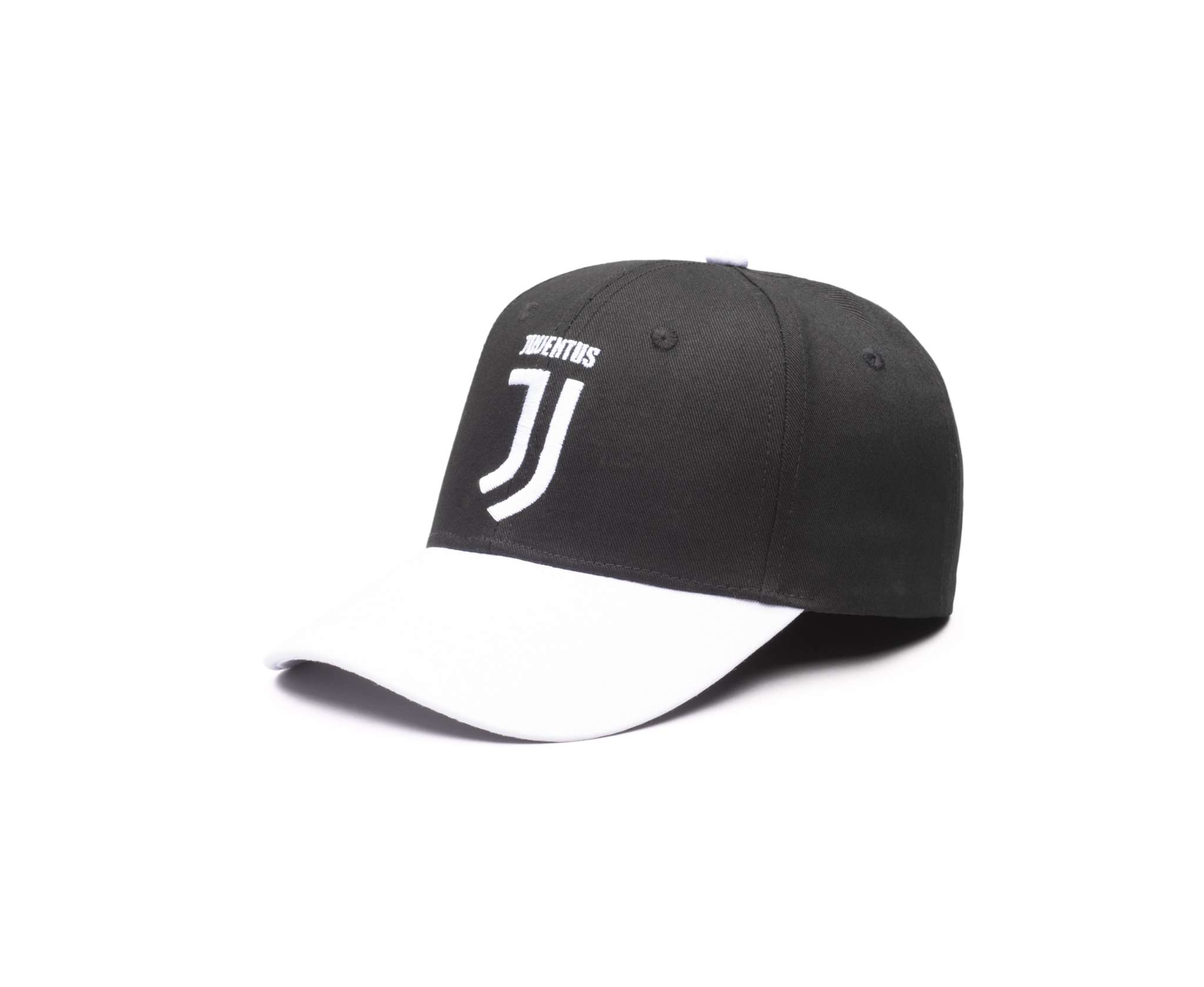 Adjustable black and white football hat with Juventus logo embroidered on front