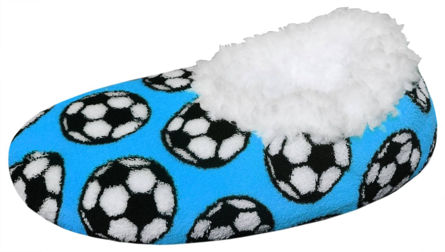 Cozy soccer slippers with soccer ball motif, perfect for soccer fans.