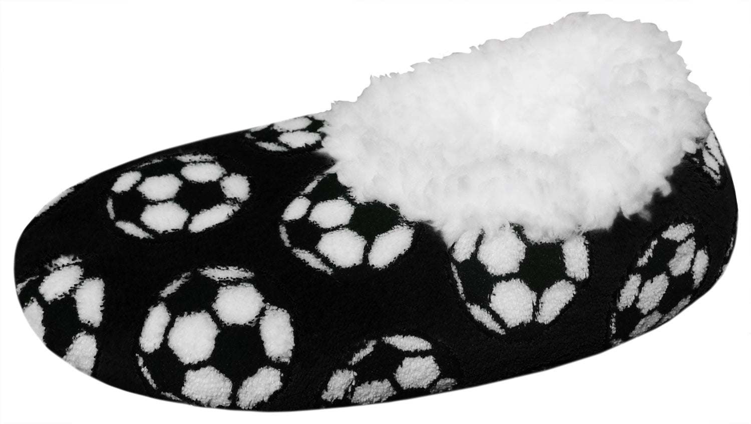 Cozy soccer slippers with playful soccer ball motif and ultra-soft lining for soccer fans.