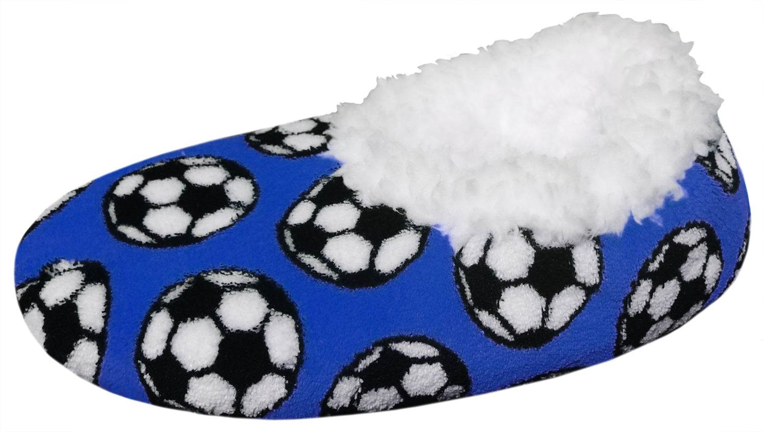 Cozy soccer slippers with soccer ball motif on blue fabric for soccer fans.
