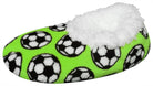 Cozy soccer slippers with soccer ball motif in green design for soccer fans.