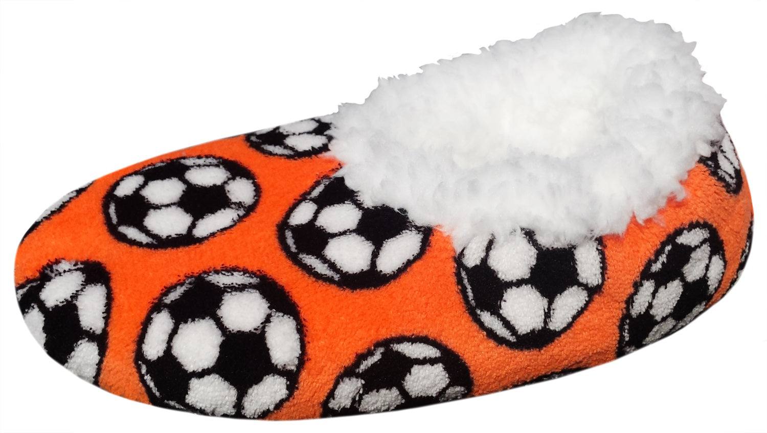 Cozy soccer slippers with playful soccer ball pattern for fans.