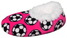 Cozy soccer slippers with soccer ball motif, perfect for soccer fans.