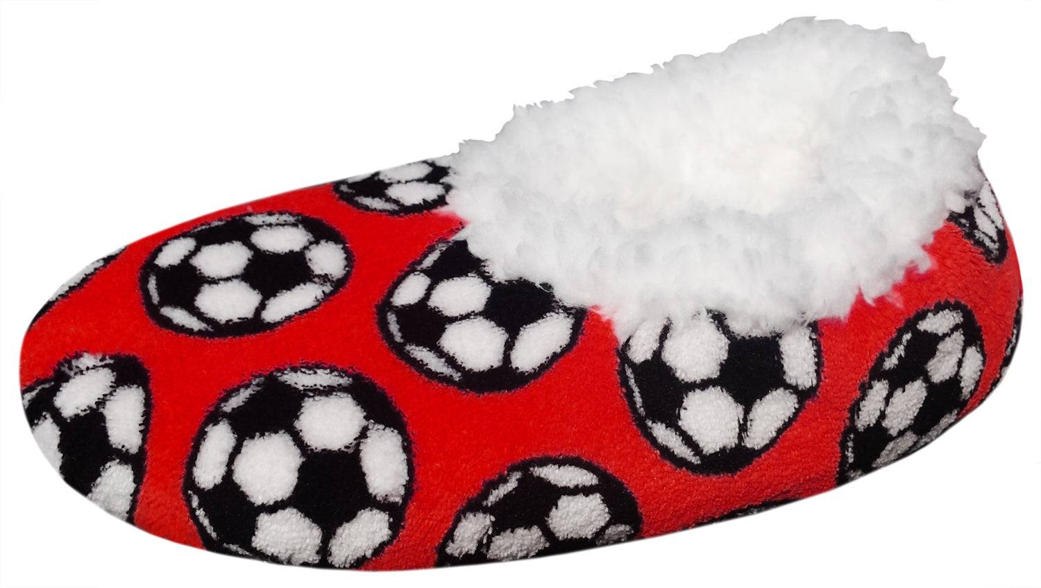 Cozy soccer slippers with soccer ball design, perfect for fans lounging at home.