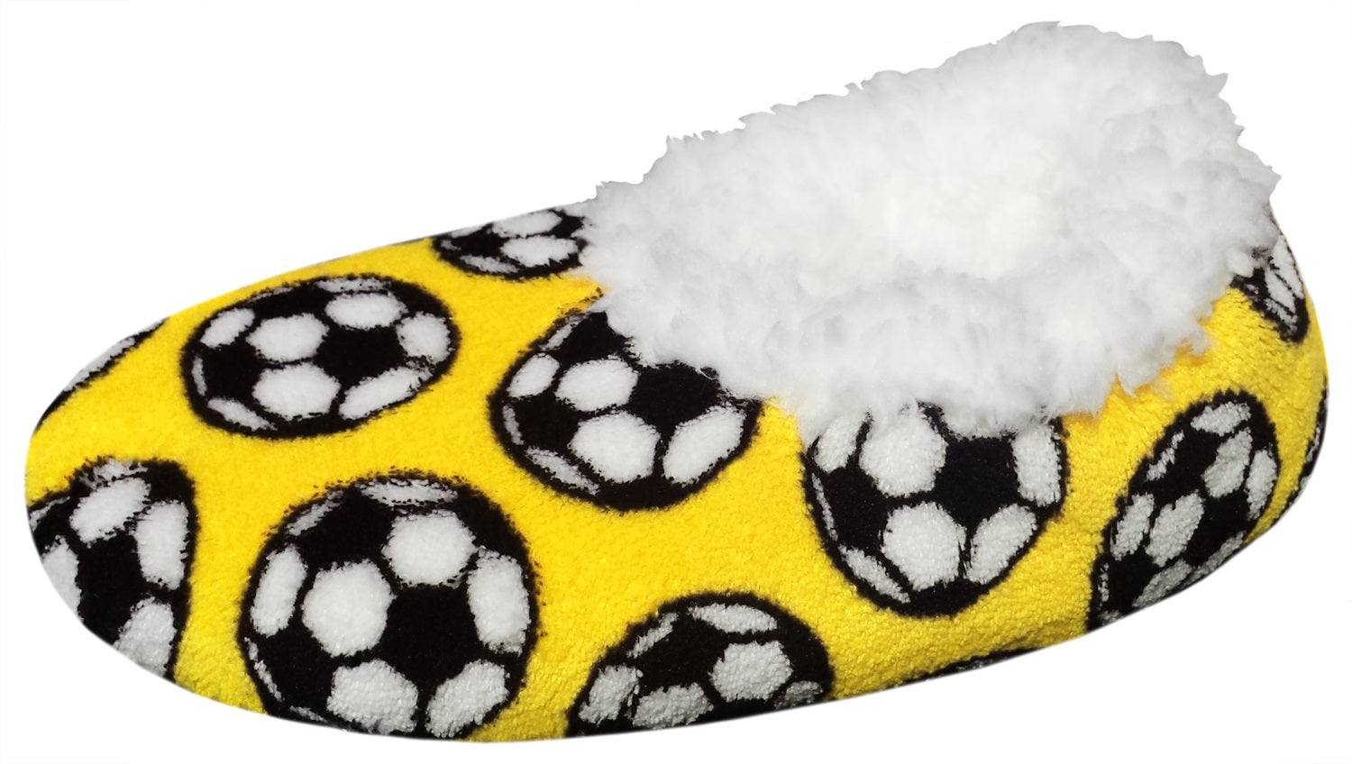 Cozy soccer Sport Slippers with soccer ball design and fluffy interior, perfect for fans lounging at home.