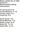 Sizing chart for Snoozies Hockey Slippers, featuring youth and adult sizes in USA women's shoe sizes.