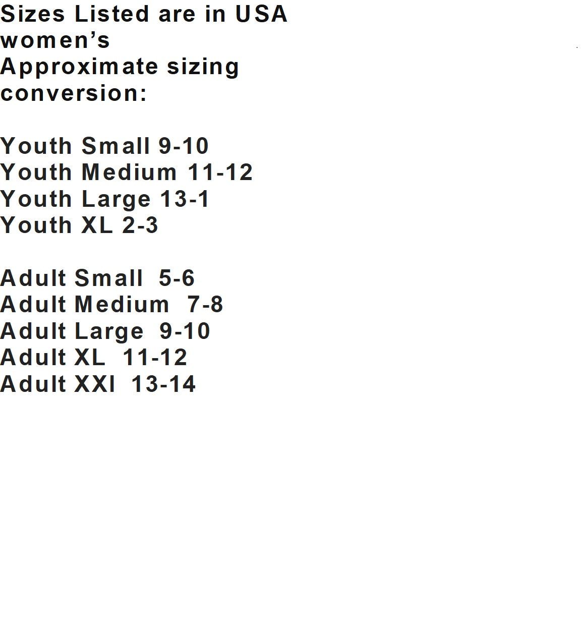 Sport Slippers Sizing chart for Snoozies Hockey Slippers, featuring youth and adult sizes in USA women's shoe sizes.