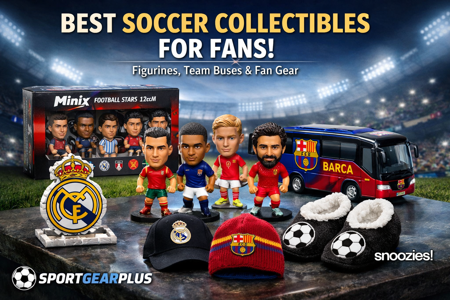 Soccer collectibles including Minix football figurines team buses fan headwear and football fan merchandise