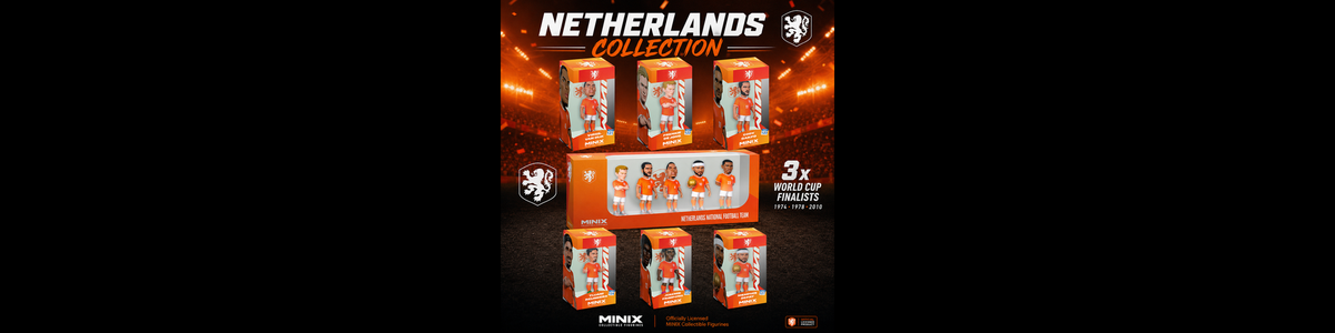 Netherlands MINIX Figurines showing seven orange kit football players in individual boxes and a five-pack set featuring Virgil van Dijk, Frenkie de Jong, and others