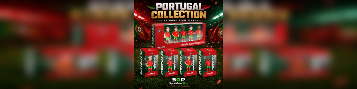 Portugal MINIX Figurines set featuring five football players in red and green national team kits, displayed in collectible packaging