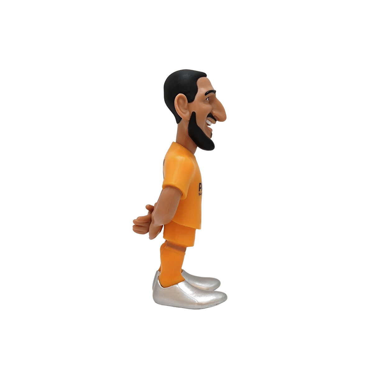 Minix Gianluigi Donnarumma figurine with a molded black beard, orange goalkeeper kit and oversized silver shoes.