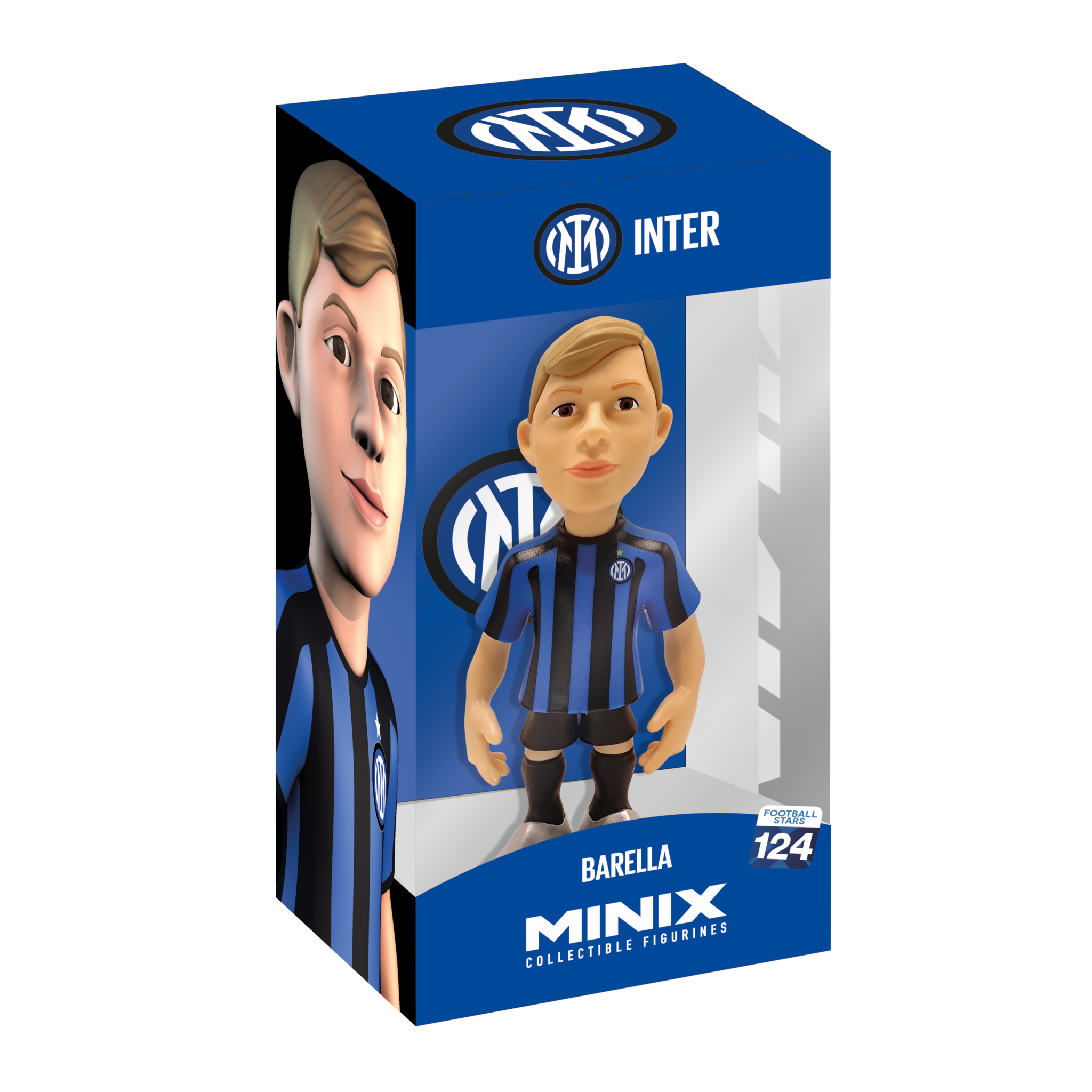Minix Inter Milan 12cm collectible figurine of player Barella in official blue and black kit, boxed.