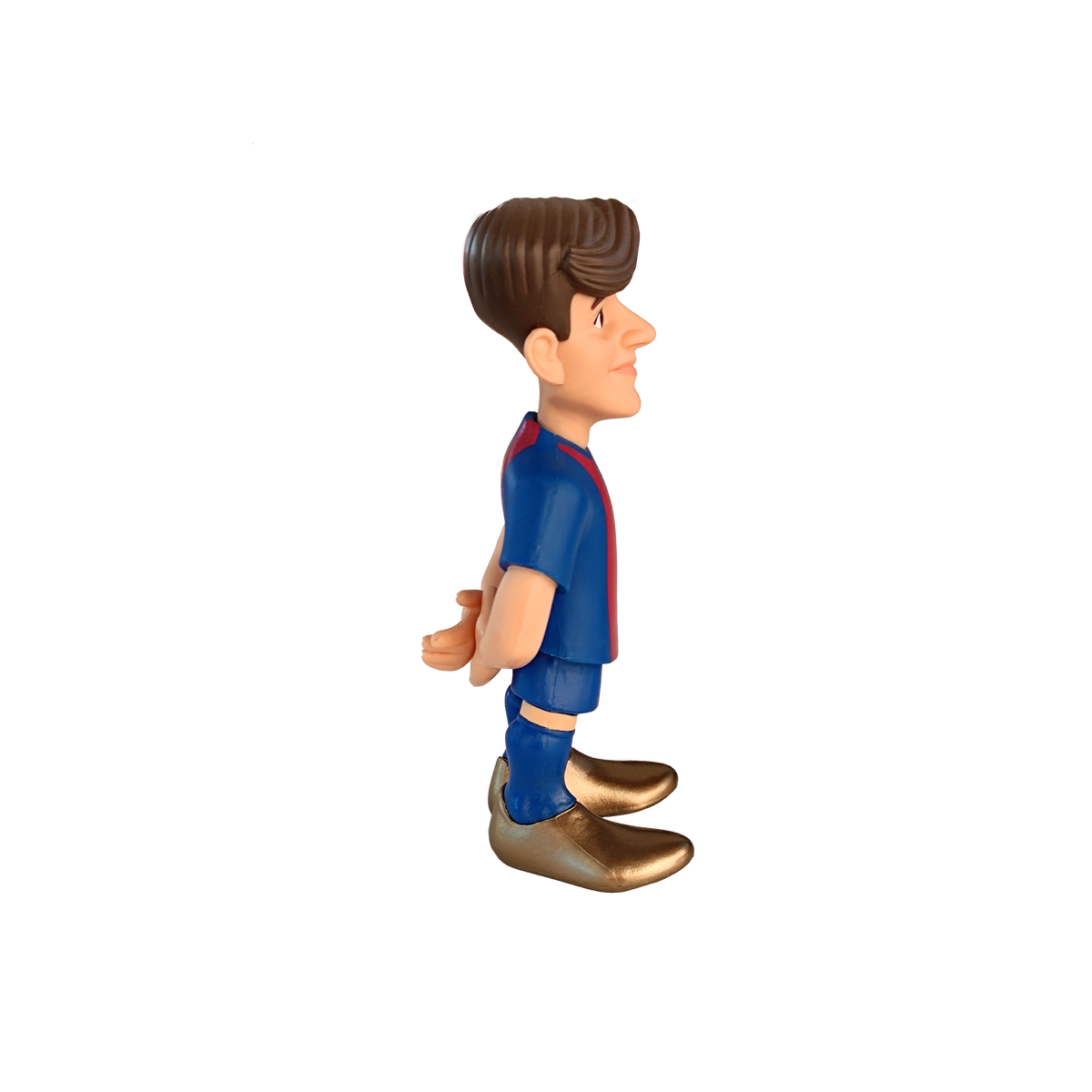 Minix Gavi FC Barcelona figurine with brown swept hair, blue and red kit, blue socks and bronze-colored boots.