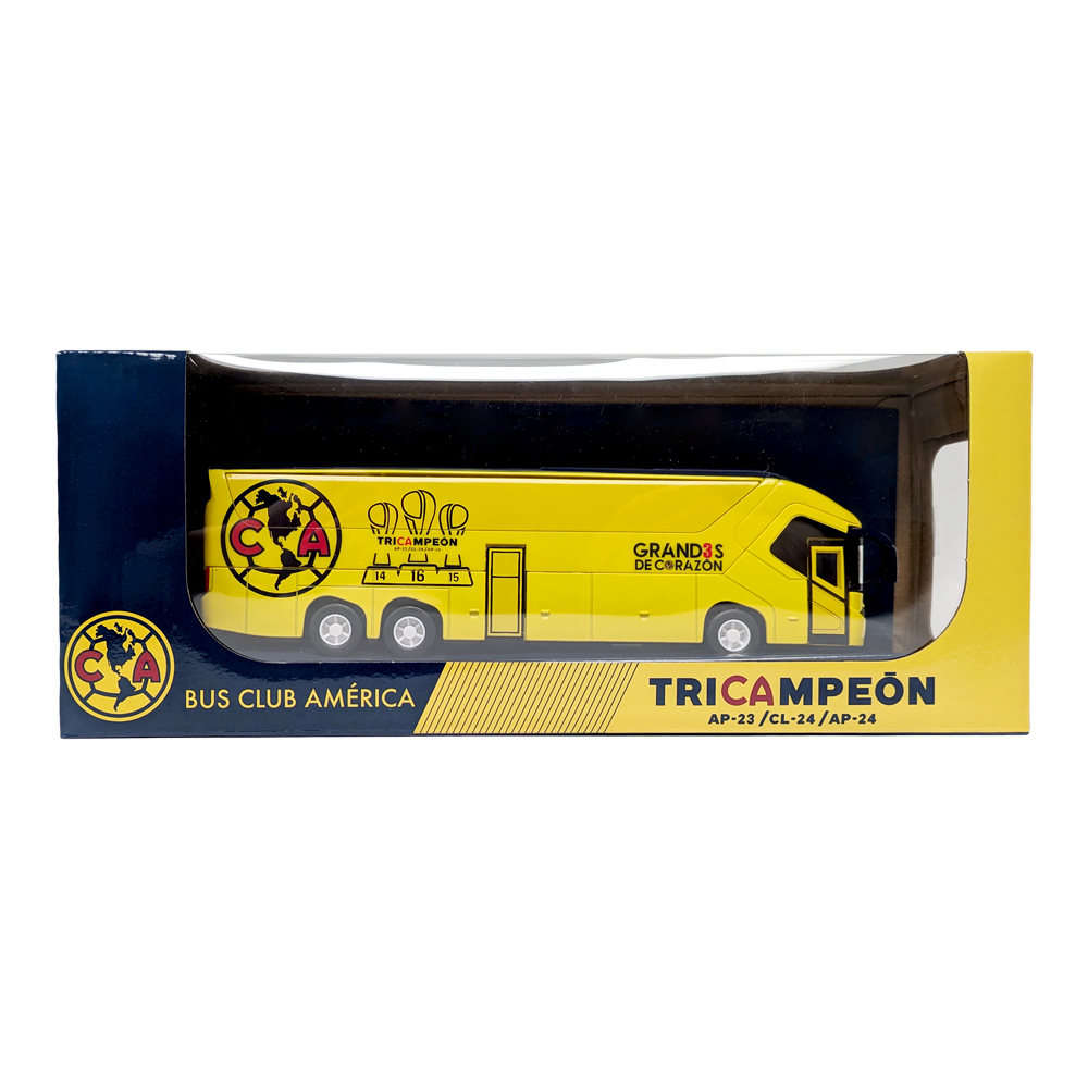 Official Collectible Miniature Team Bus Club América yellow die-cast model in display box