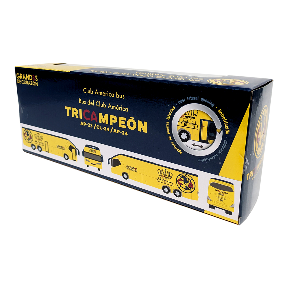 Club América Mini Team Bus collectible in navy and yellow packaging with bus illustrations and championship branding.