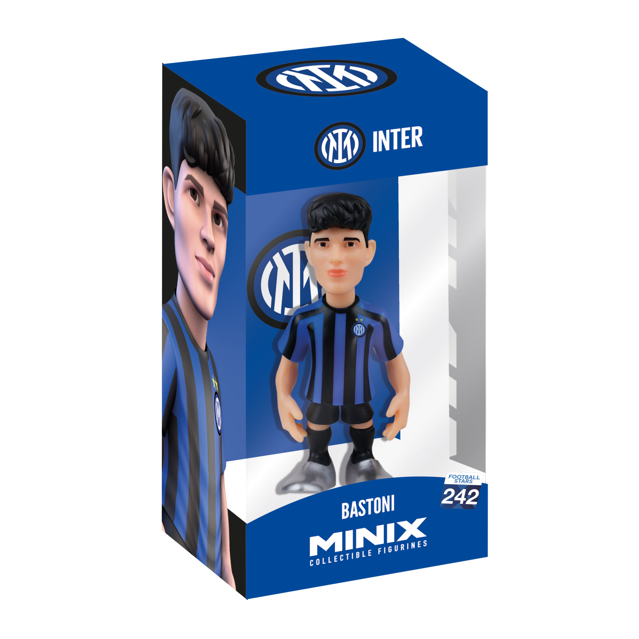 Minix Inter Milan officially licensed 12cm Bastoni collectible football player figurine in blue and black kit in display box