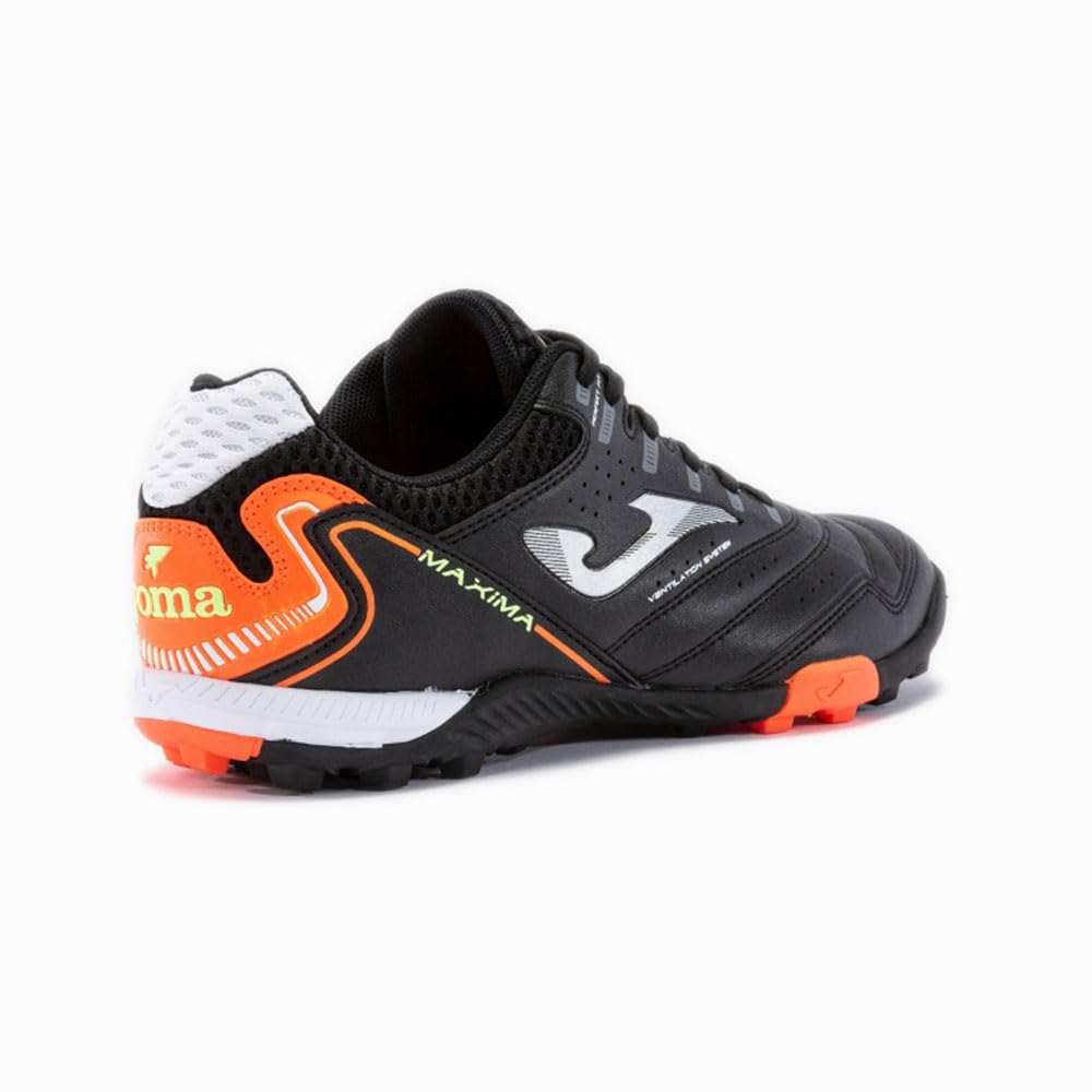 Joma Maxima black men's turf soccer shoes with high-traction rubber outsole and breathable synthetic upper