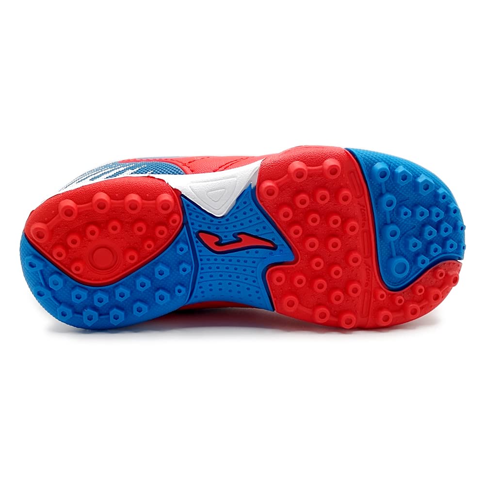 Toledo JR Kids Turf Soccer Shoes in red and blue with synthetic Fibertec upper and rubber outsole for traction on turf and hard surfaces