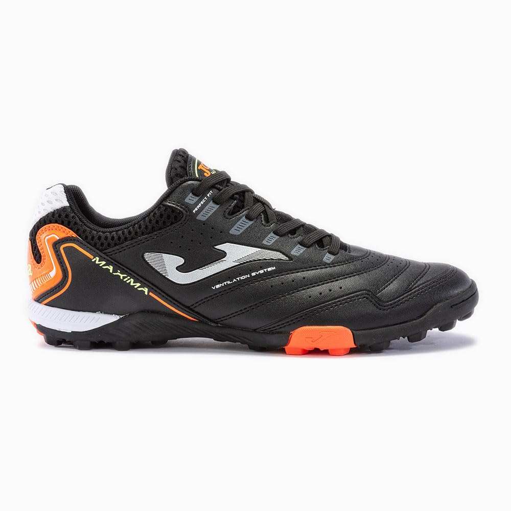 Joma Maxima black men's lightweight turf soccer shoes with high-traction rubber outsole and breathable synthetic upper for artificial grass