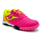 Toledo JR Kids Turf Soccer Shoe in pink and neon yellow with synthetic Fibertec upper and rubber outsole for traction