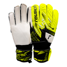 Reusch Attrakt Solid goalkeeper gloves with durable palm foam, synthetic latex, yellow and black design, adjustable strap, breathable mesh backhand, and thumbflex technology.