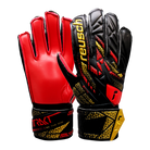 Reusch Attrakt junior goalkeeper gloves with durable synthetic latex palm, red and black design, adjustable wrist strap, breathable backhand, and flexible thumb for artificial grass.