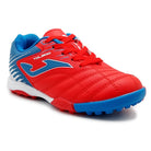 Toledo JR Kids Turf soccer shoe in red and blue royal by Joma with lightweight synthetic Fibertec upper and rubber outsole for traction